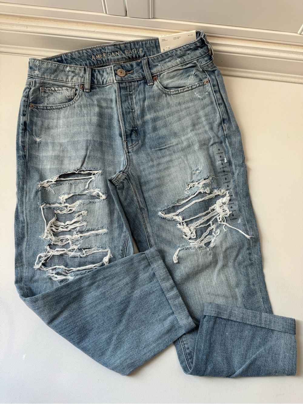 American Eagle Tomgirl Distressed Jeans Size 6 X-Short Low Rise $69